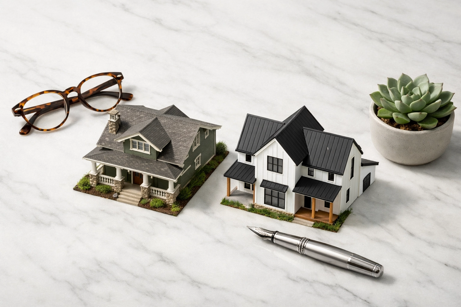 Architectural house models showing the choice between FHA vs Conventional loan options.