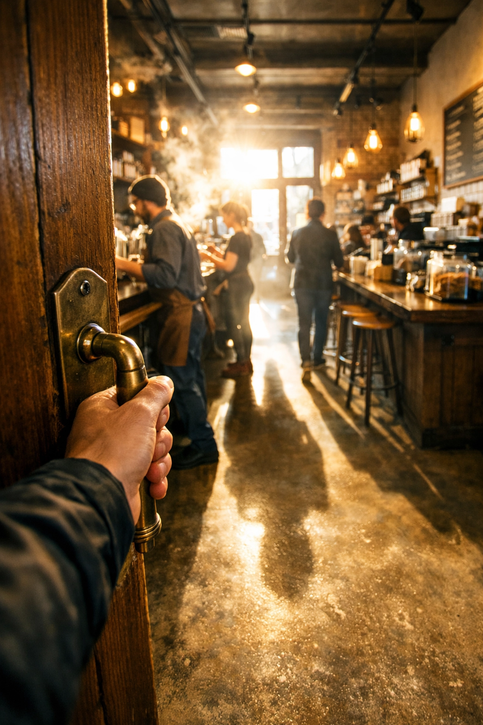 First-person view entering a local business, illustrating a genuine verified customer visit.