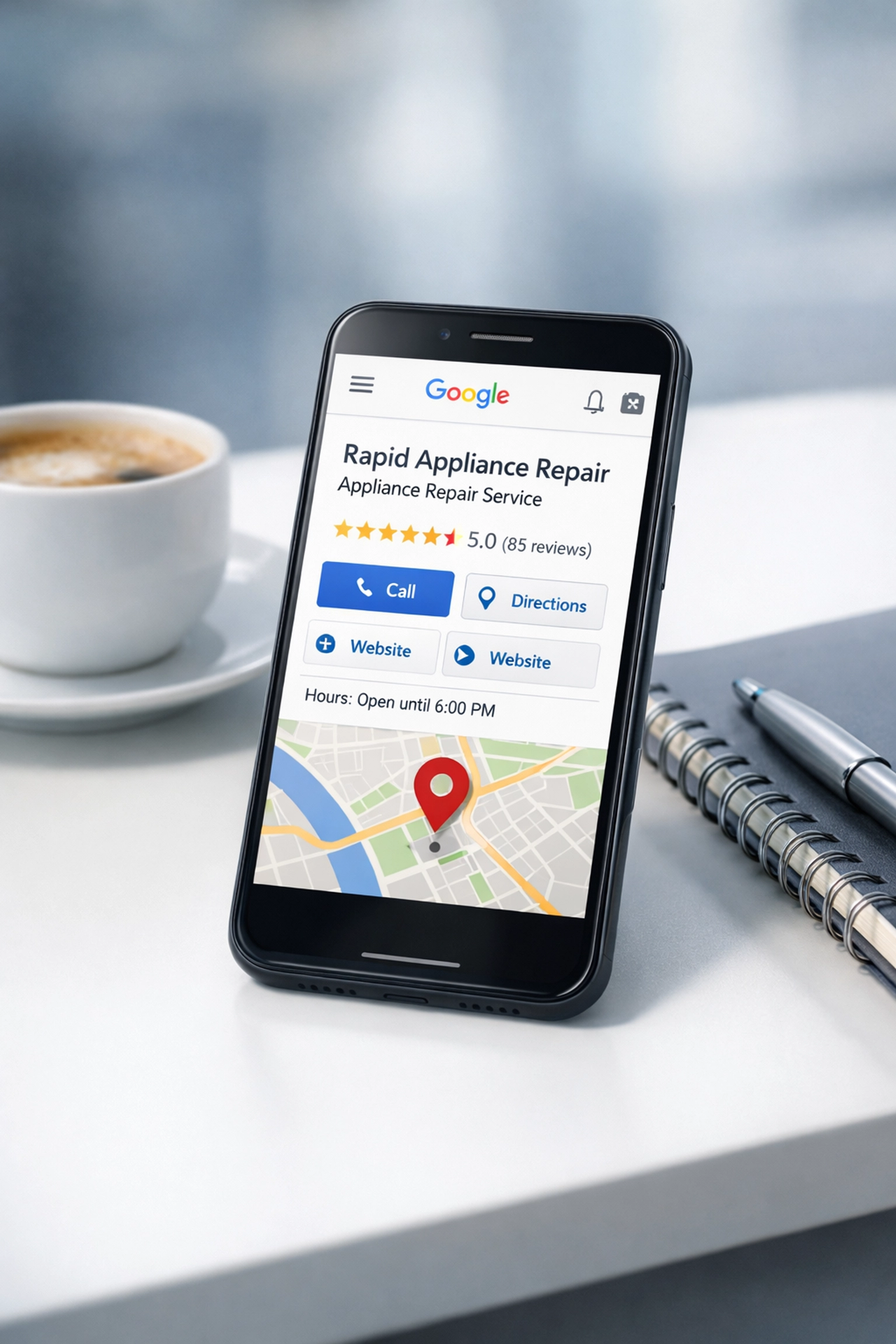 Google Business Profile for appliance repair company displayed on smartphone with star reviews