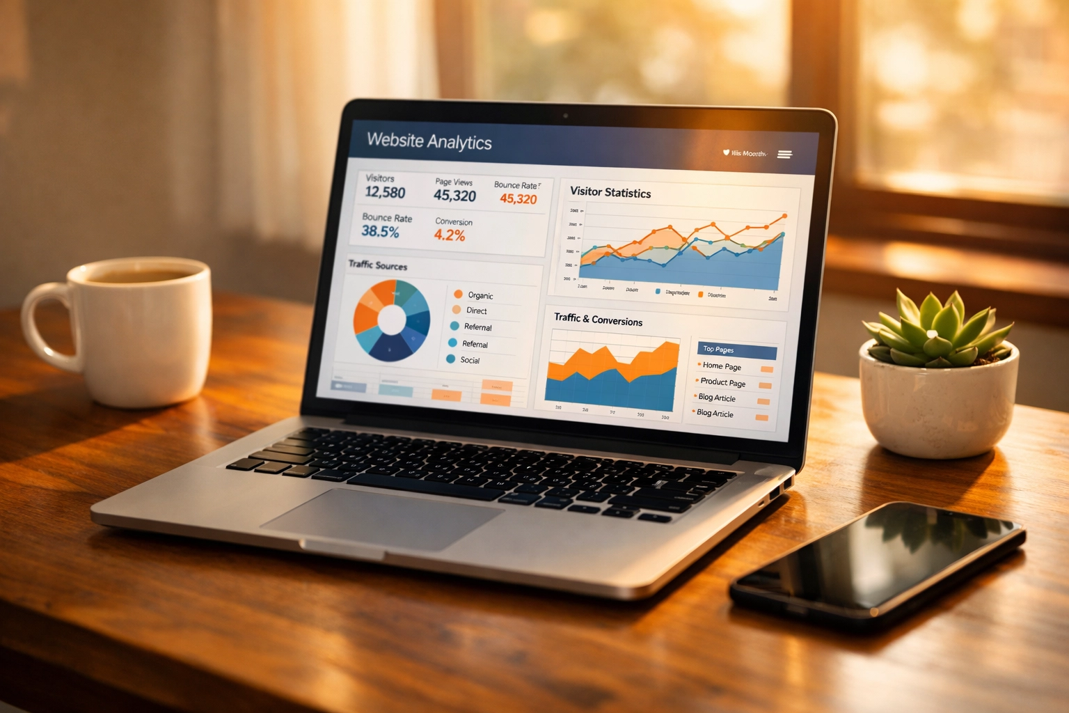 Website performance analytics dashboard on laptop showing maintenance monitoring metrics