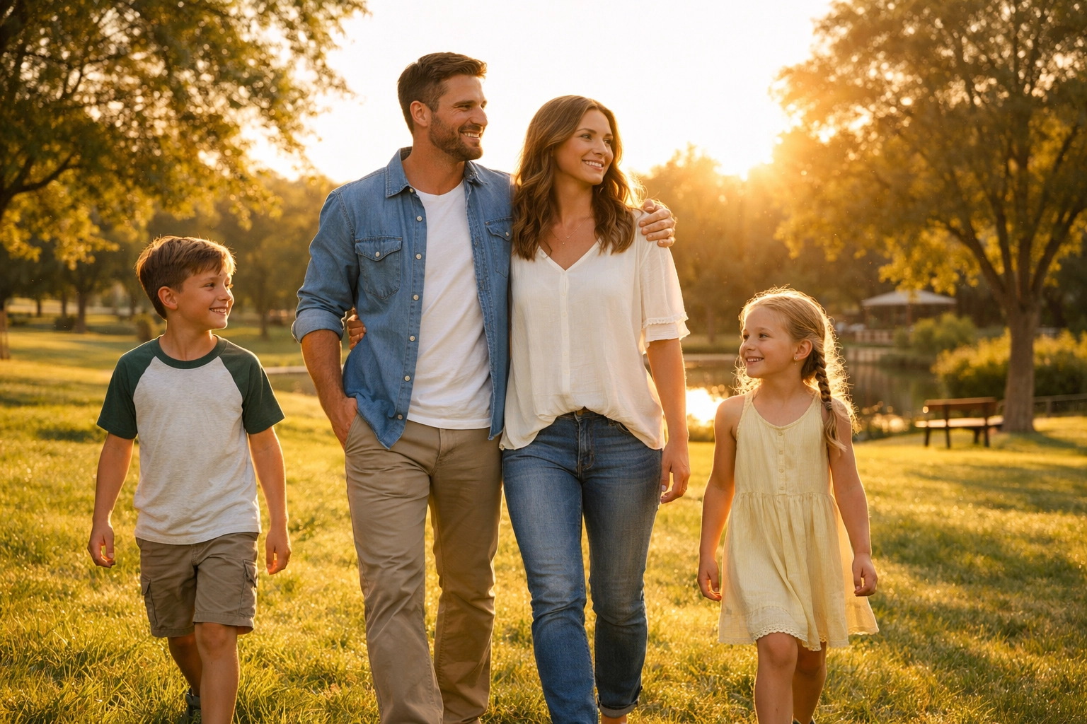 A Christian family walking in a park, representing living with the purpose and hope of Christ.