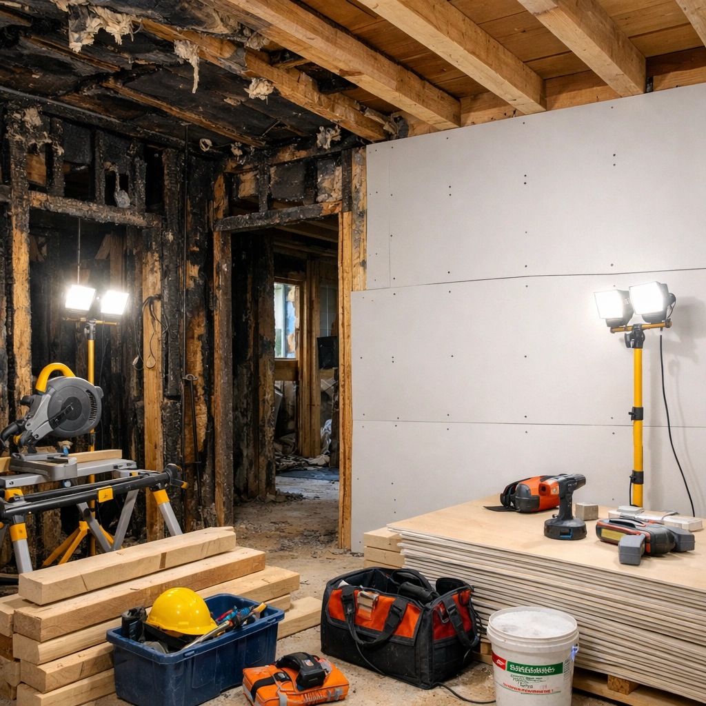 Home reconstruction in progress after fire damage with new drywall installation and building materials