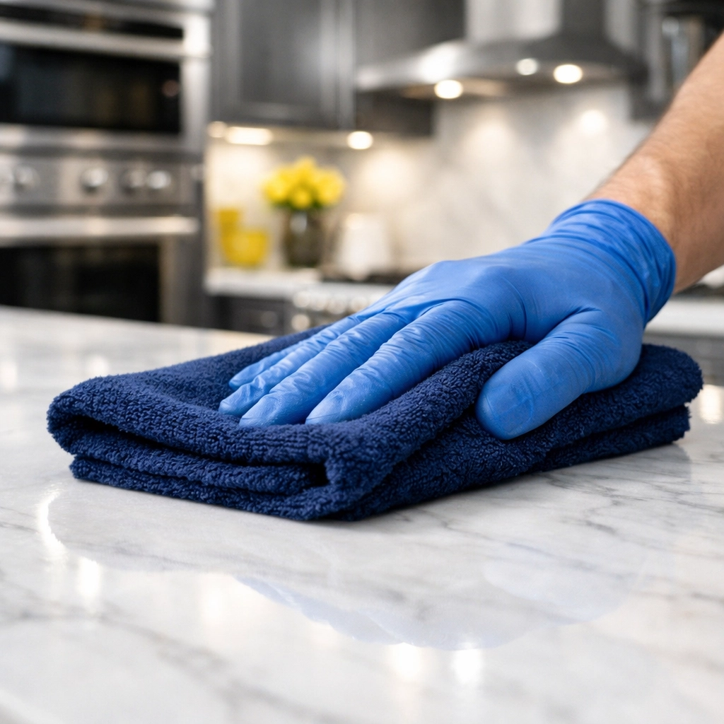 Detailed view of professional eco-friendly house cleaning Natick MA techniques on a marble counter.