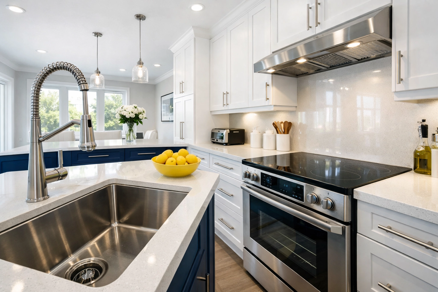 Spotless modern kitchen in a Bolton home with a gleaming sink and white cabinets for a move-out clean.