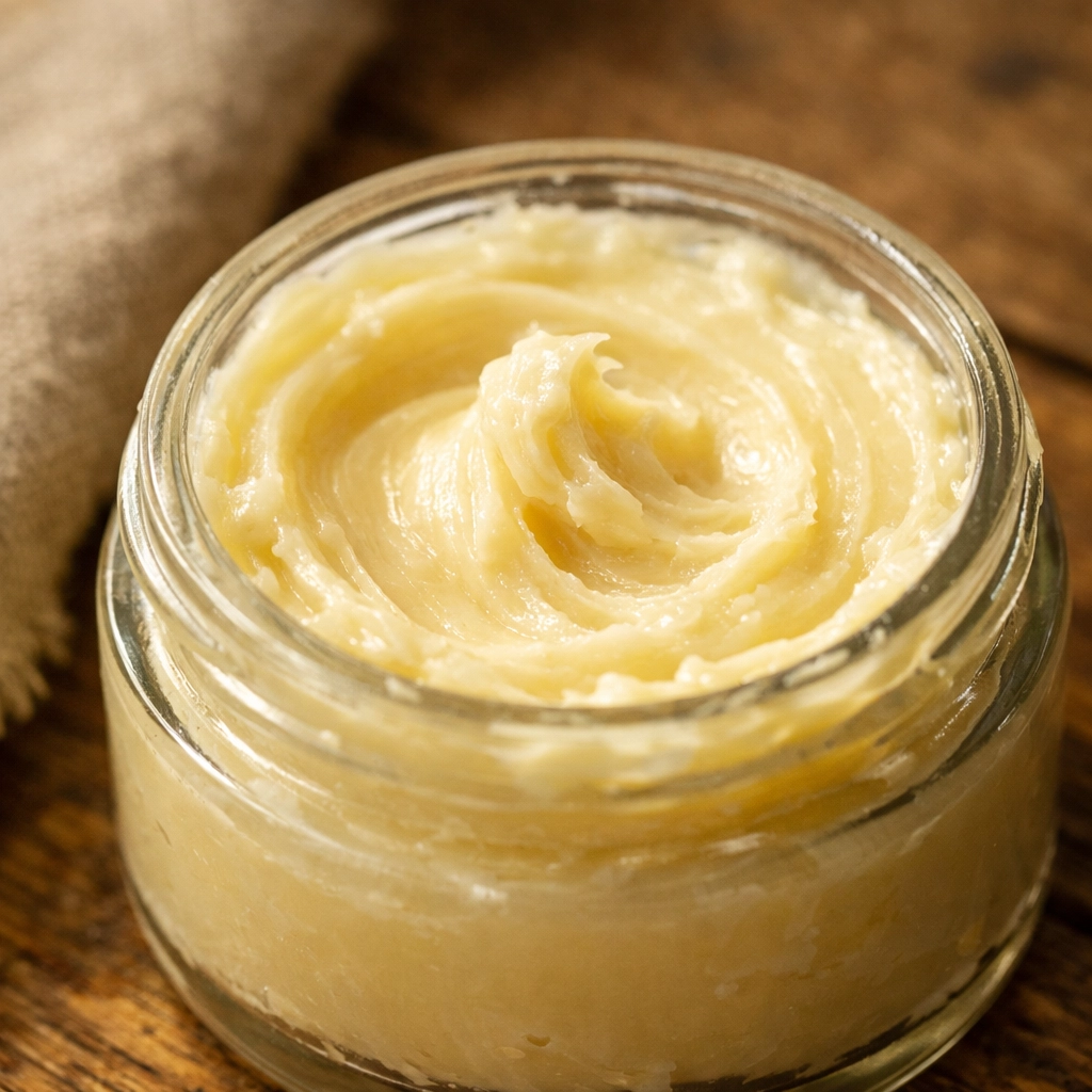 Creamy whipped tallow balm moisturizer in a glass jar for non-comedogenic skin hydration.