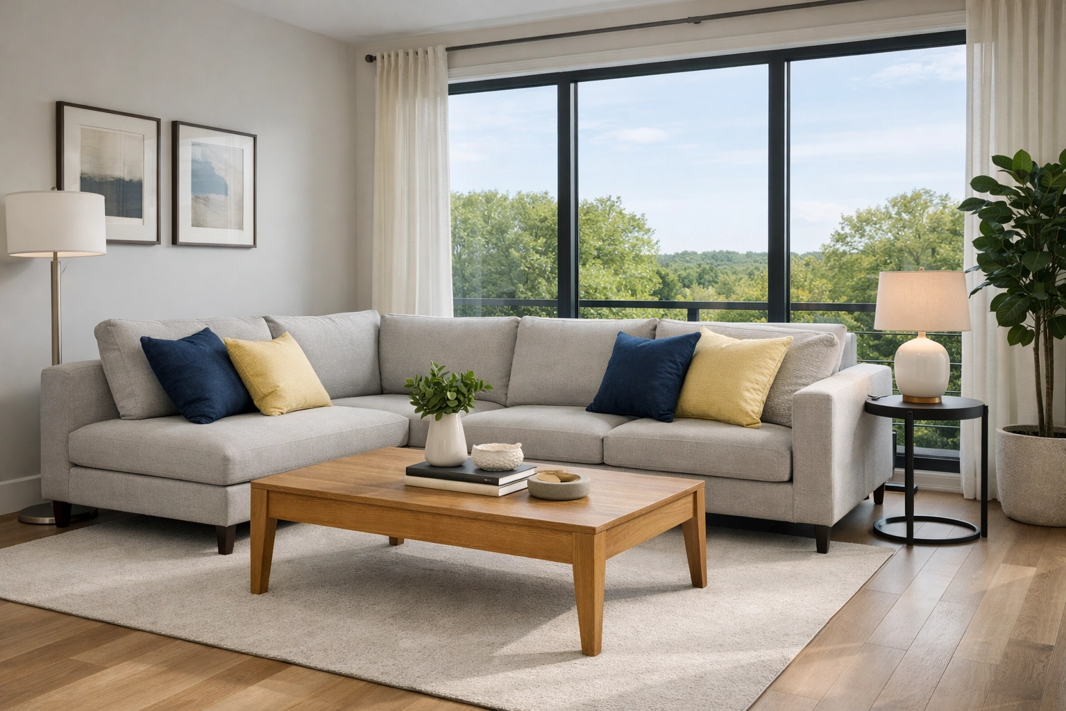 A modern, spotless living room after a professional apartment cleaning service in Lincoln, Massachusetts.