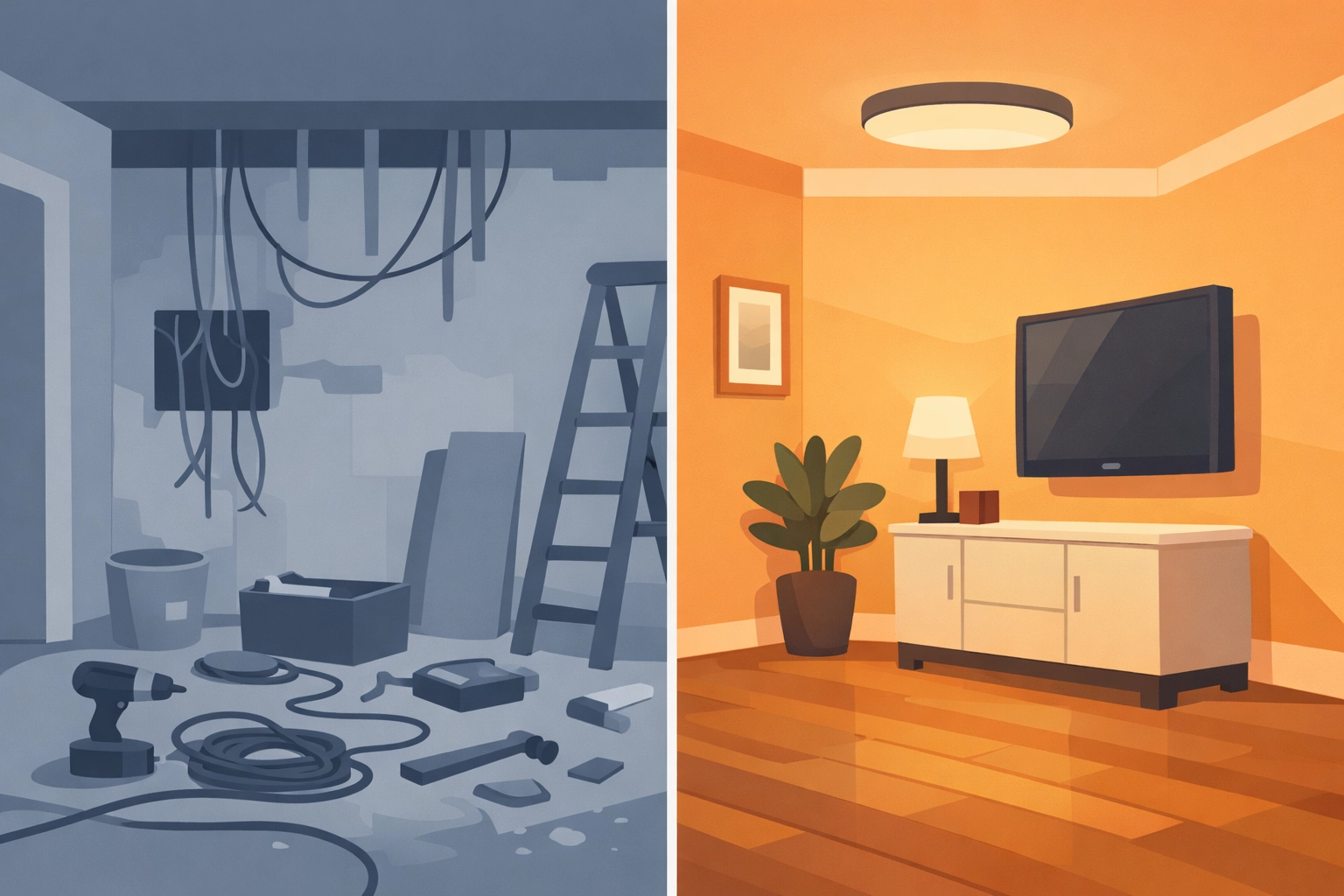 Before and after construction photo comparison showing workspace transformation and documentation