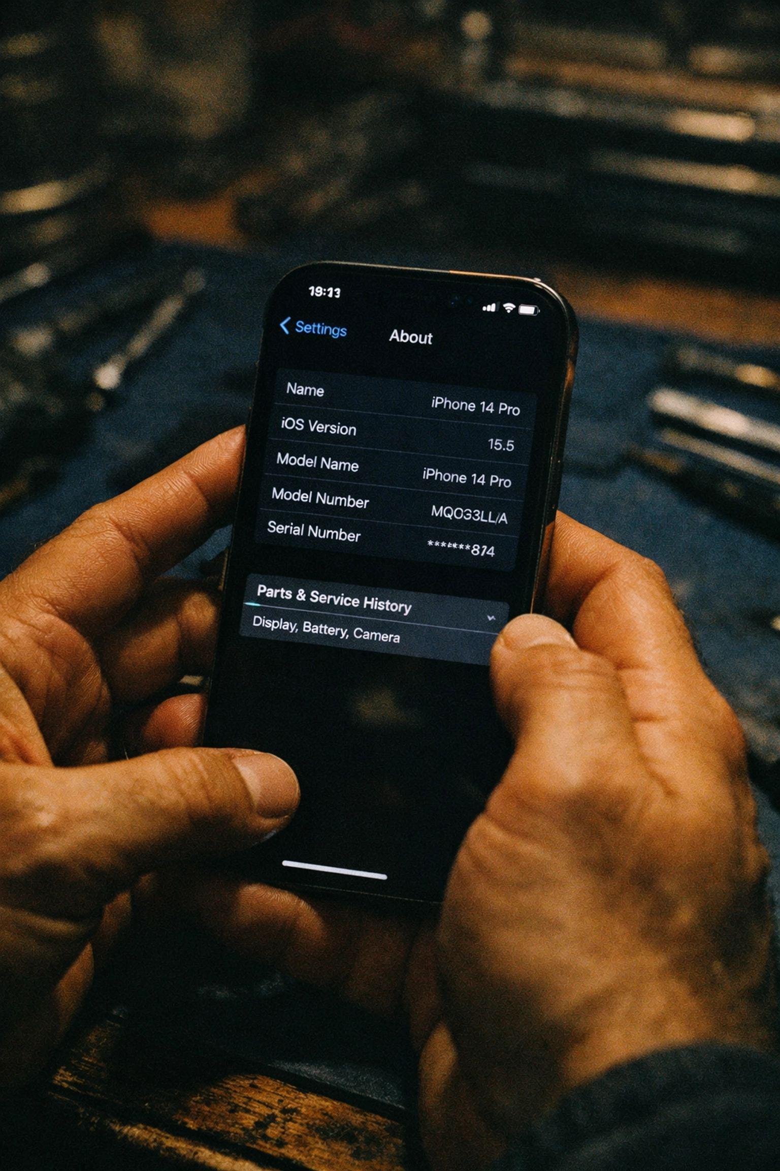 iPhone Settings screen showing Parts & Service History in Brooklyn repair shop