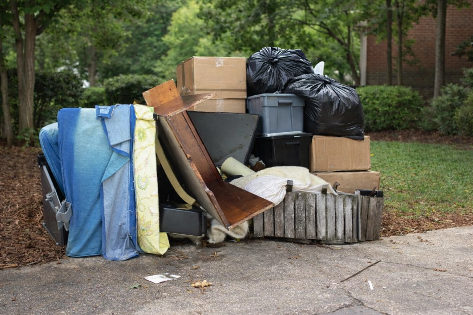 A neatly stacked pile of bulky household junk staged for removal after a residential cleanout in Northwestern Michigan