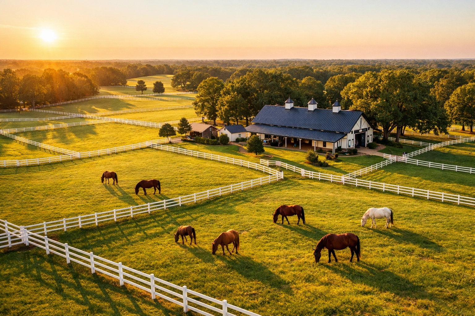 Aerial view of horse farm for sale in Waxhaw NC with fenced pastures and barn