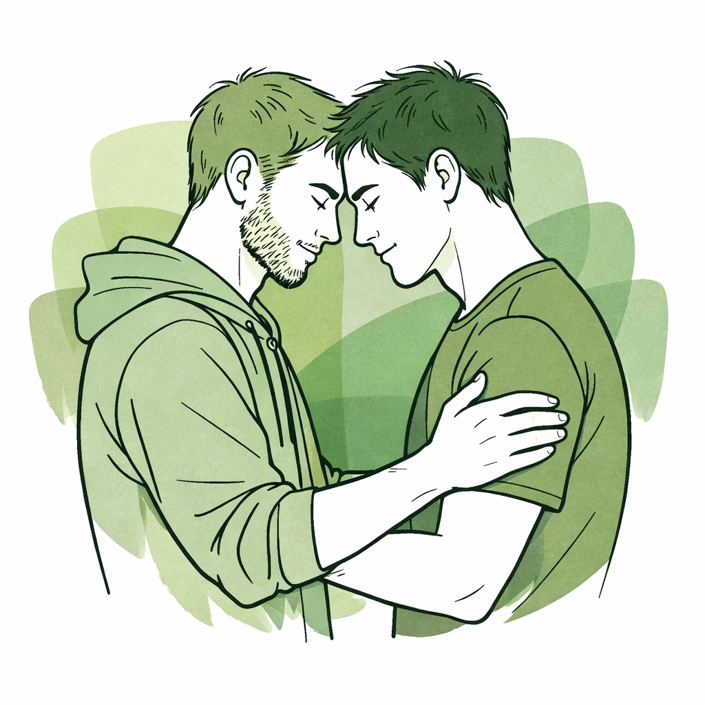 Minimalist illustration of two men in a supportive queerplatonic bond, representing Ace and Aro allyship.