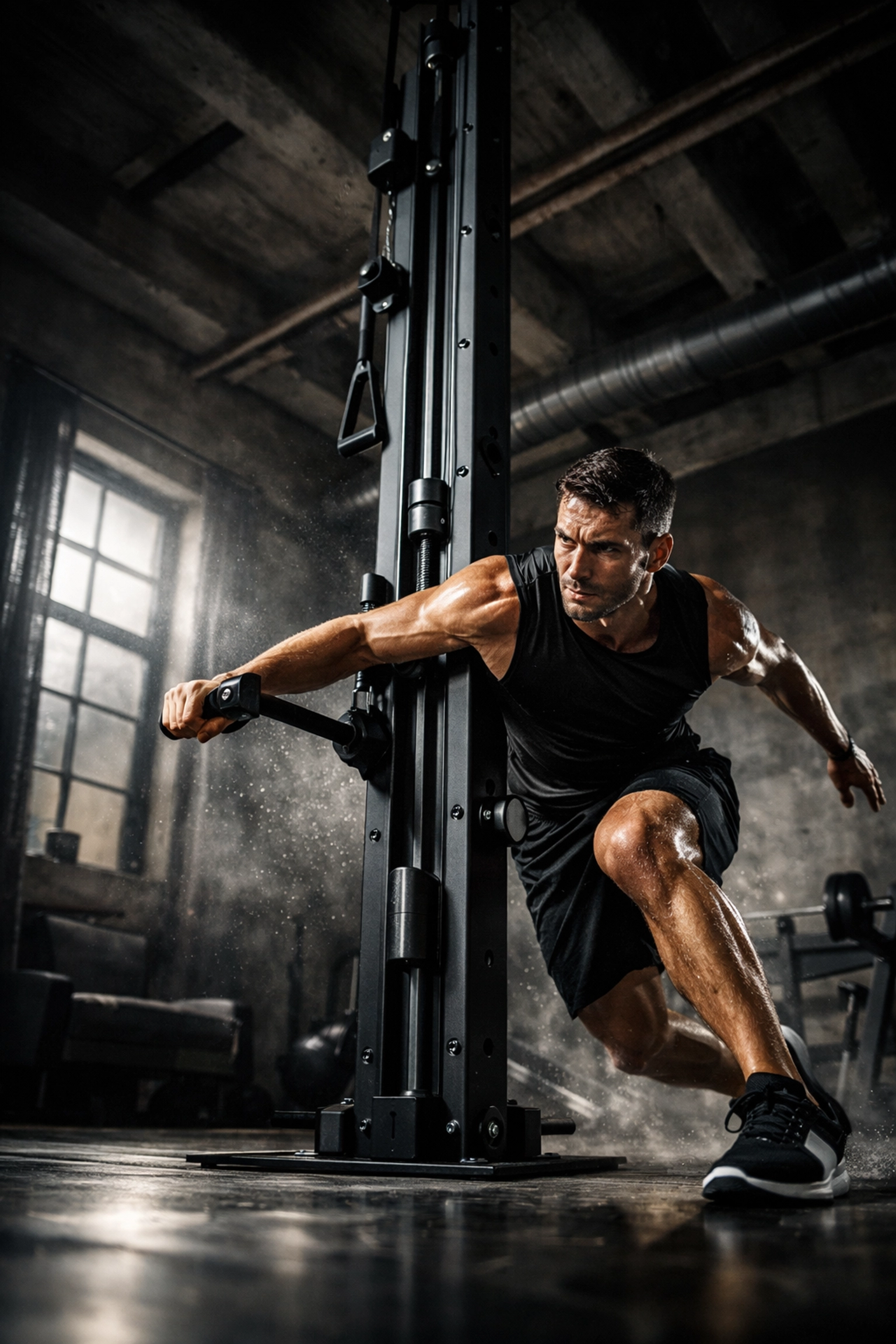 Athlete using a floor to ceiling gym for an explosive full body workout at home in a modern loft.