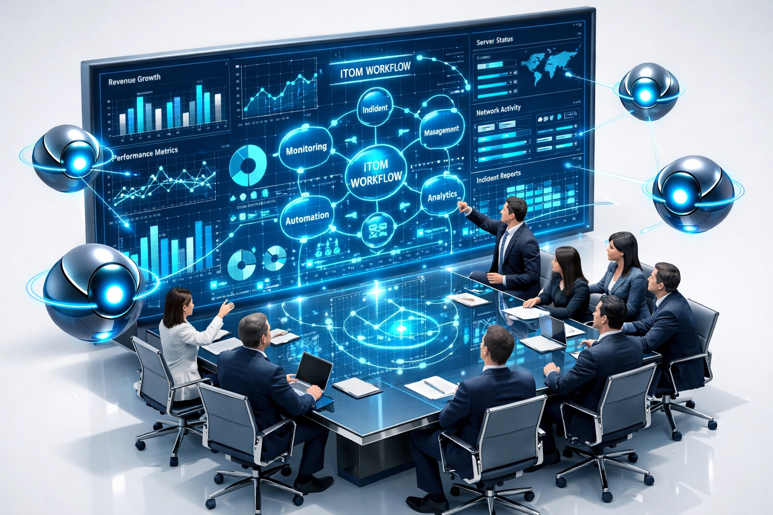 ServiceNow ITOM dashboard with AI agents connecting business metrics and KPIs in collaborative boardroom