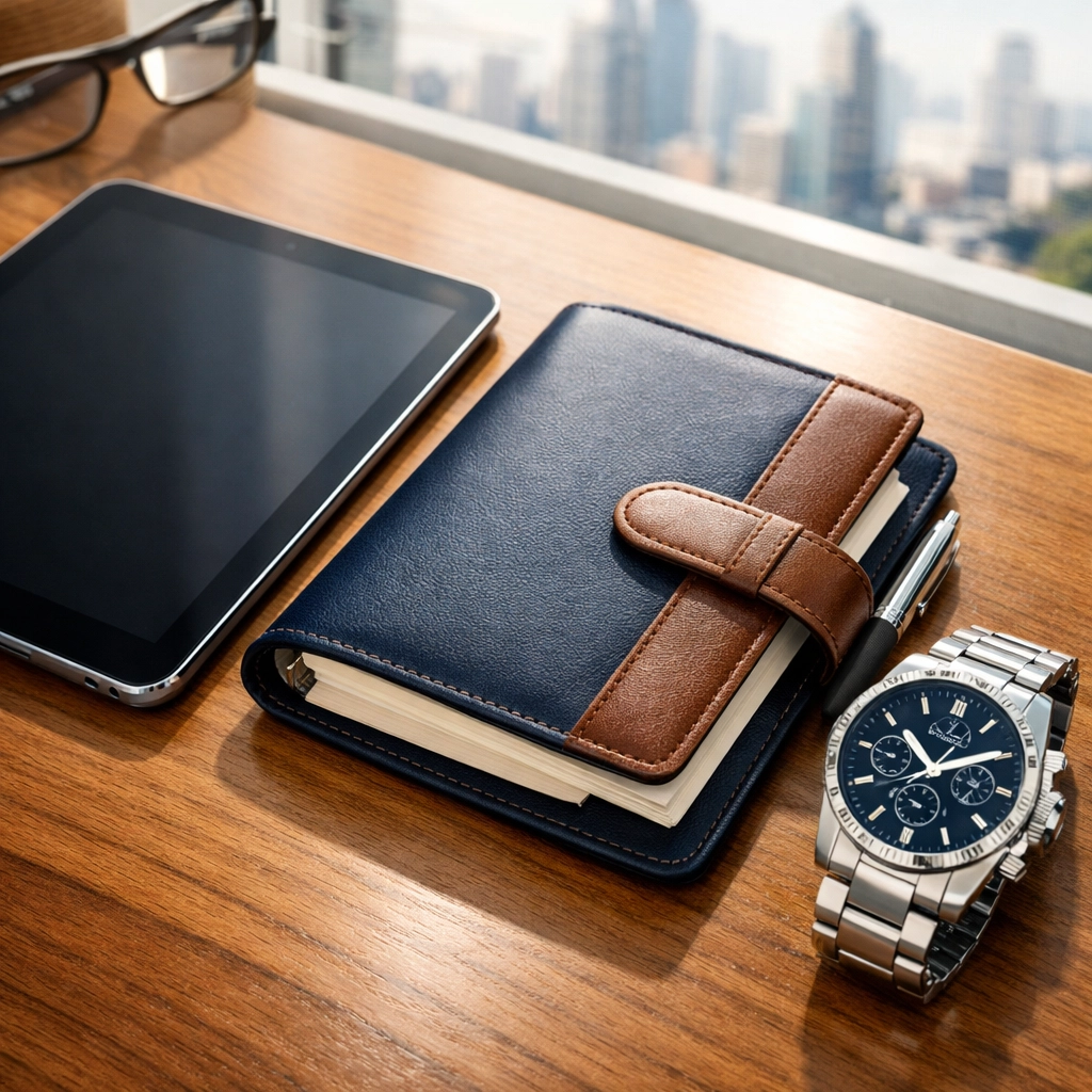 Modern office desk with a digital tablet and leather planner for small business tax deadline organization.