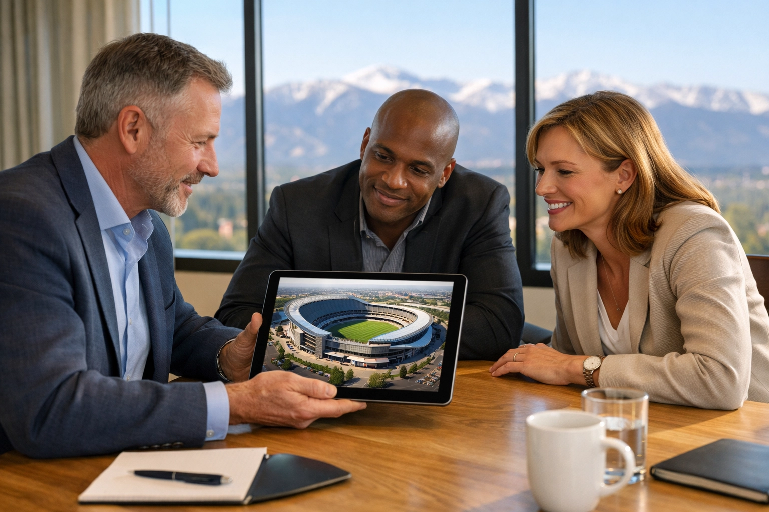 Professional executives in a modern boardroom discussing strategic growth for a sports marketing agency.