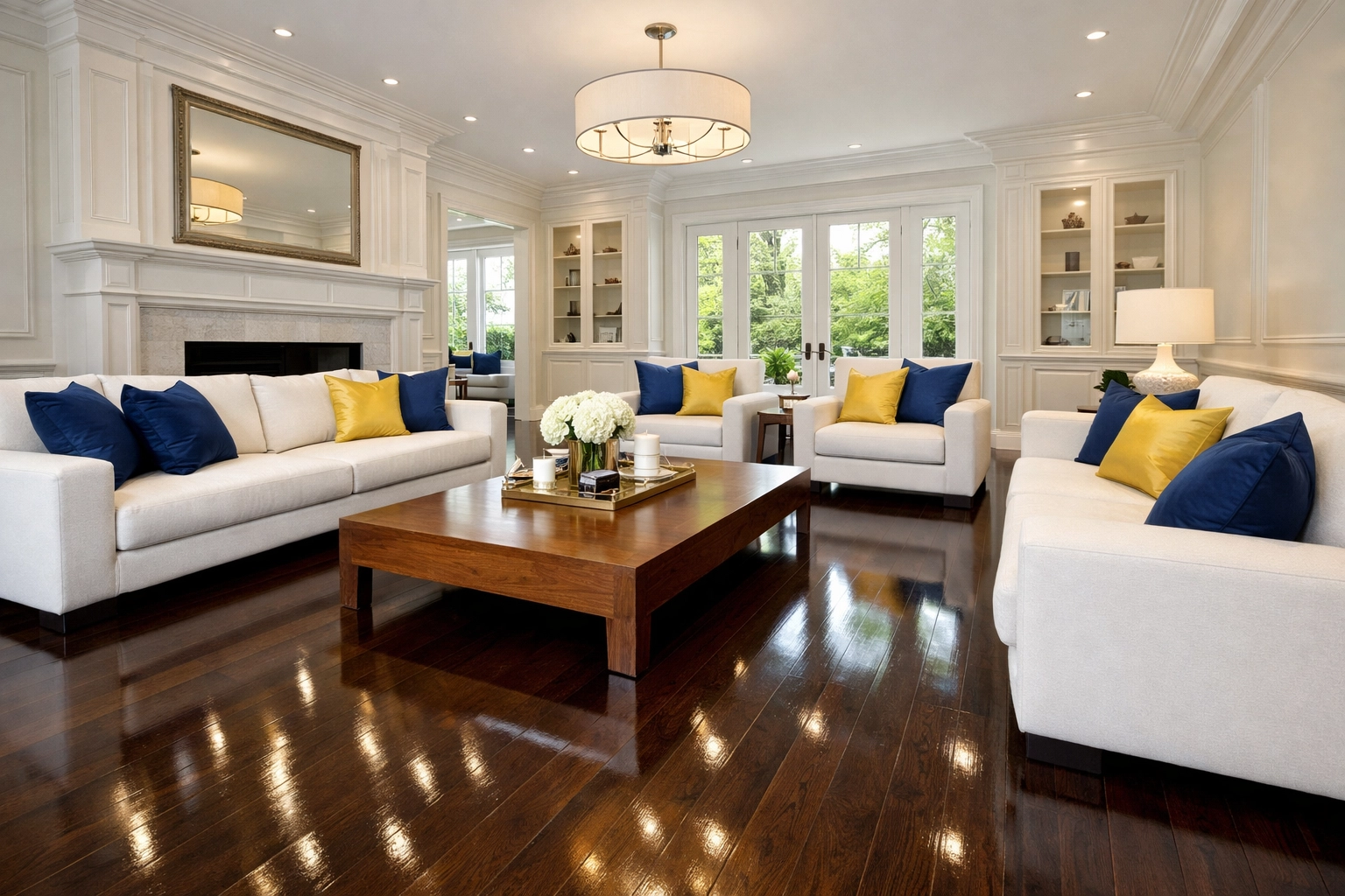 Professionally cleaned luxury living room in Bolton, MA, featuring sparkling dark hardwood floors.
