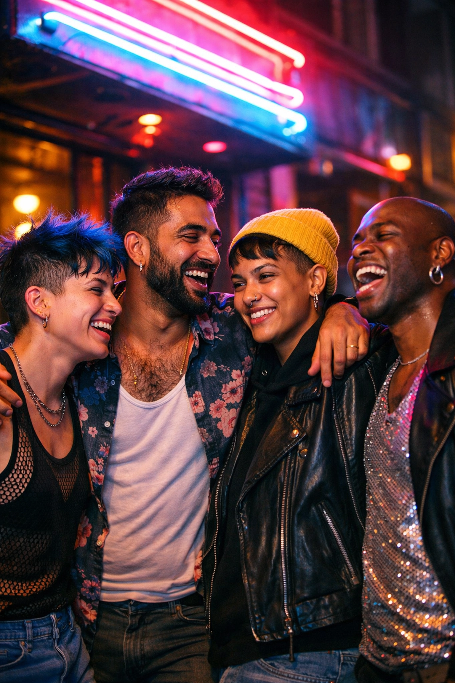 A diverse group of queer friends looking out for each other outside a brightly lit gay club at night.