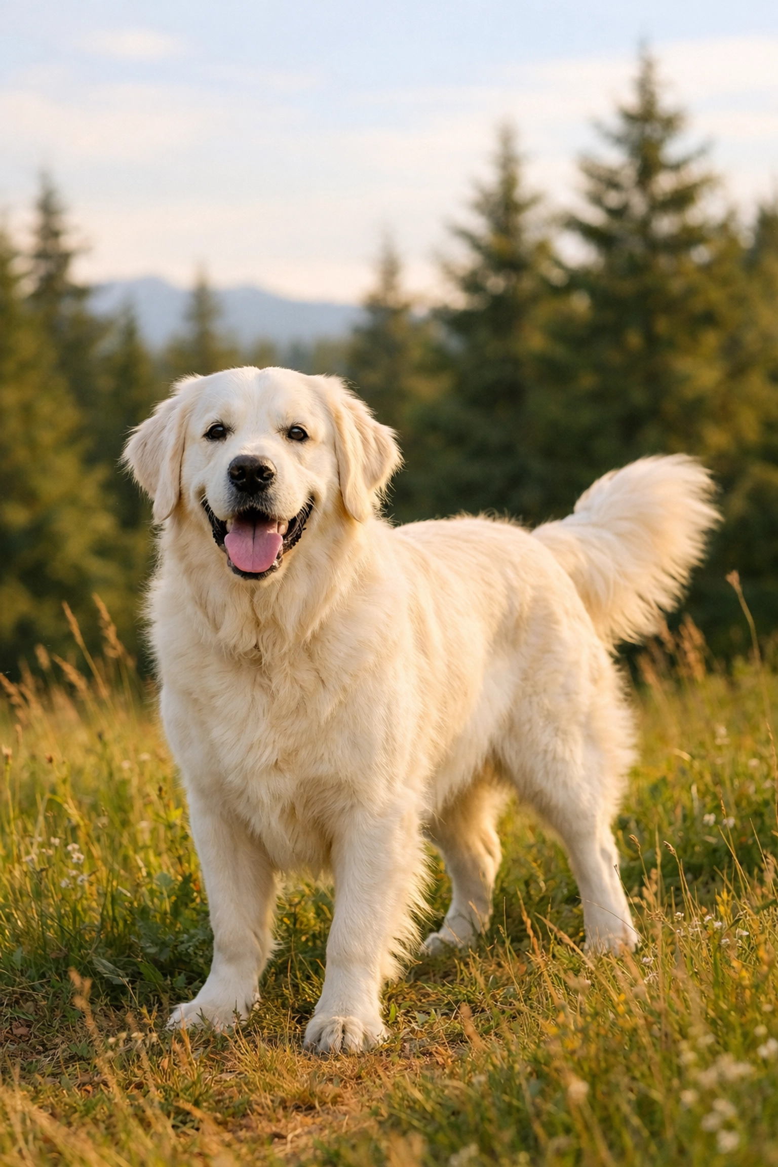English Cream Golden Retriever Oregon with a healthy coat standing in a Pacific Northwest meadow.