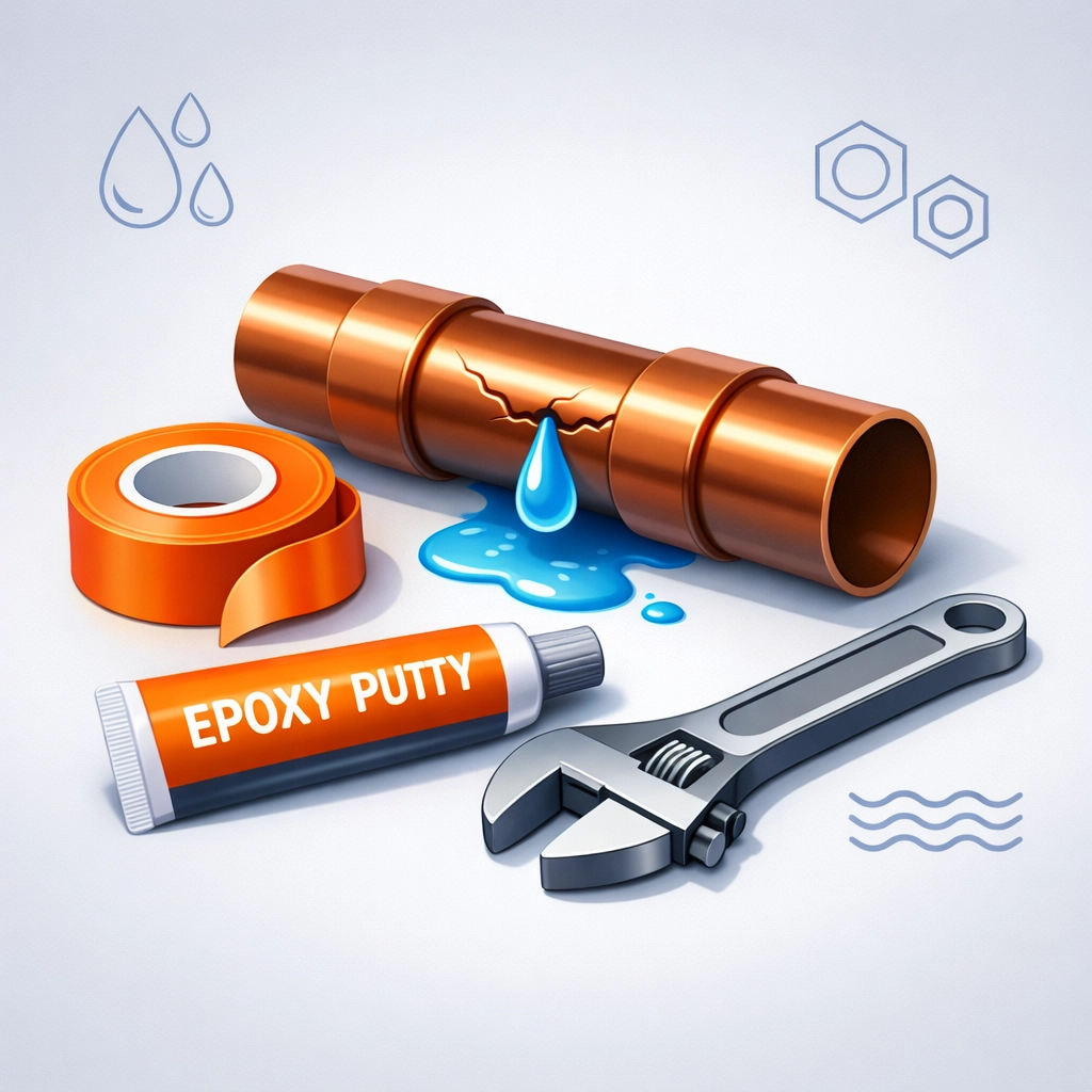 Isometric illustration of emergency plumbing repair tools and a leaky pipe for home maintenance in Surrey.