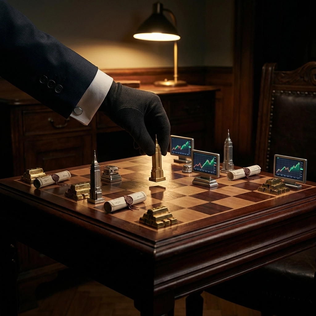 Strategic portfolio decisions illustrated by wealth symbols as chess pieces, representing investment planning for accredited investors.