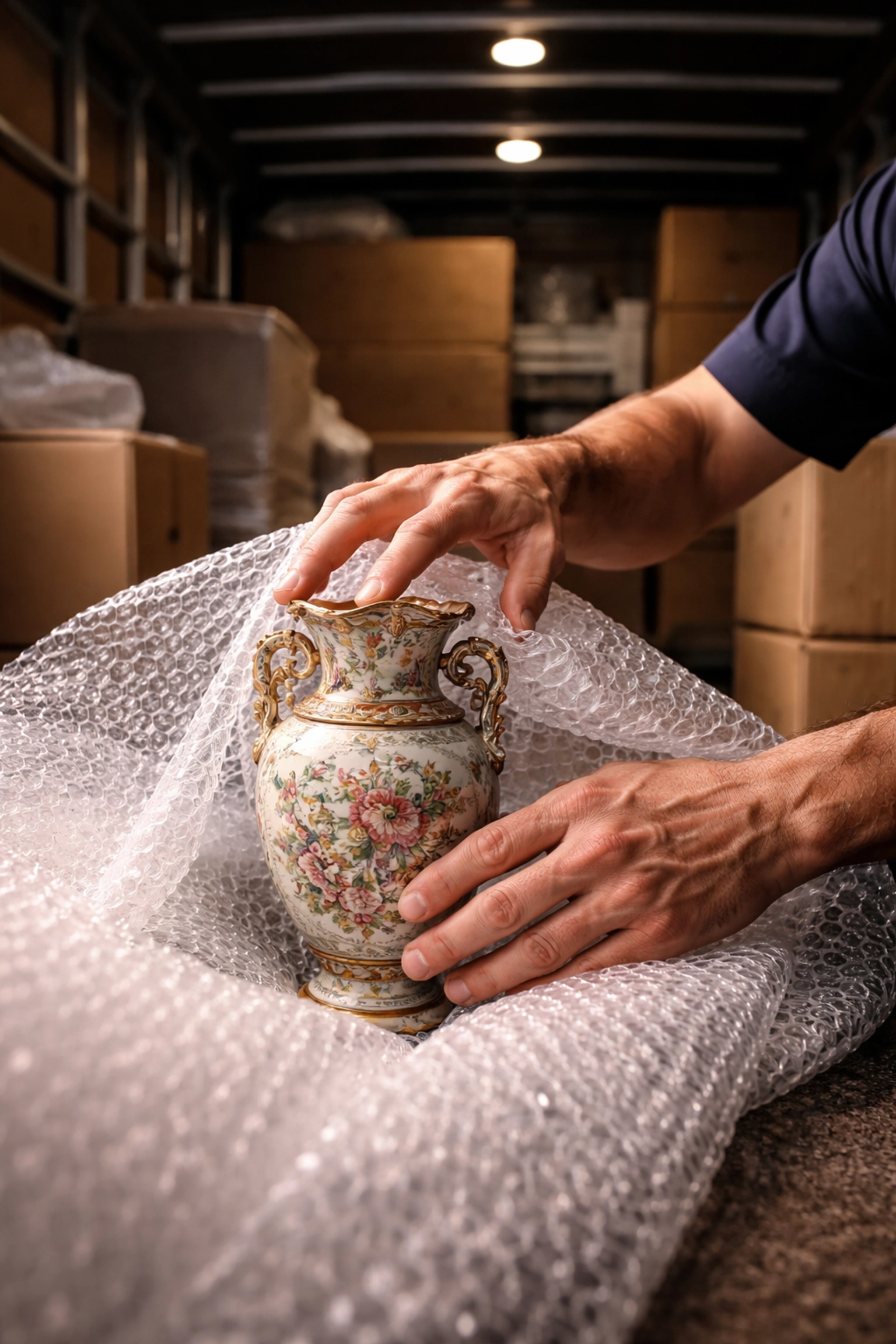 Close-up of a professional removalist carefully packing an antique vase, demonstrating expertise and care in moving services.