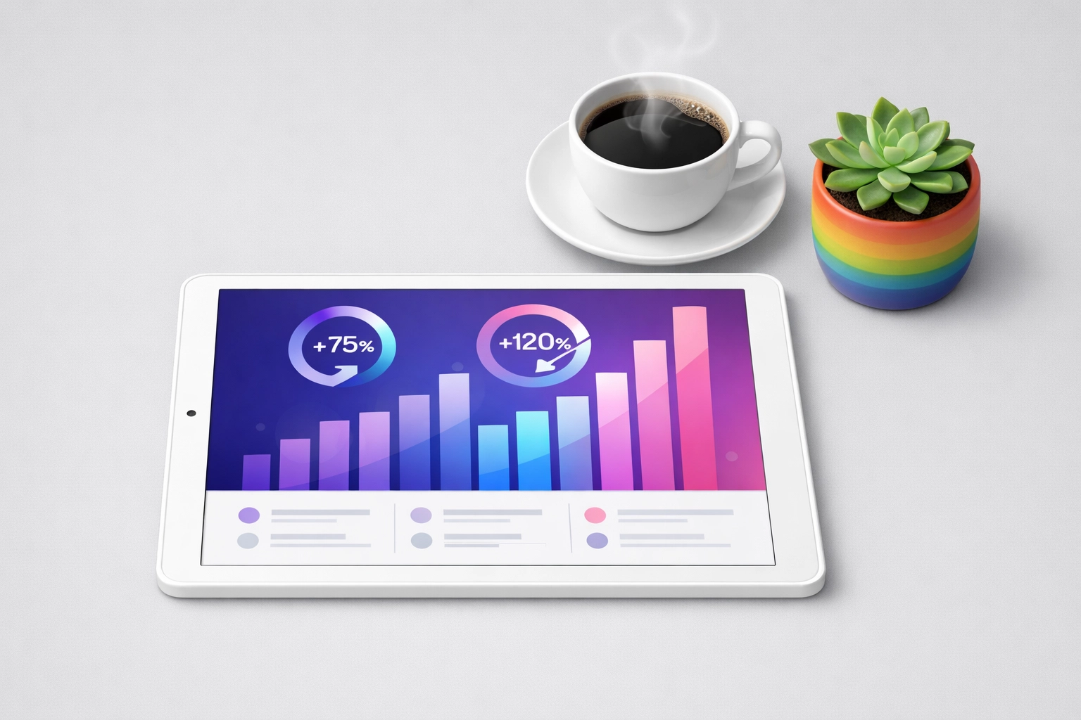 Digital tablet displaying sales analytics for LGBTQ+ authors on a clean modern workspace.
