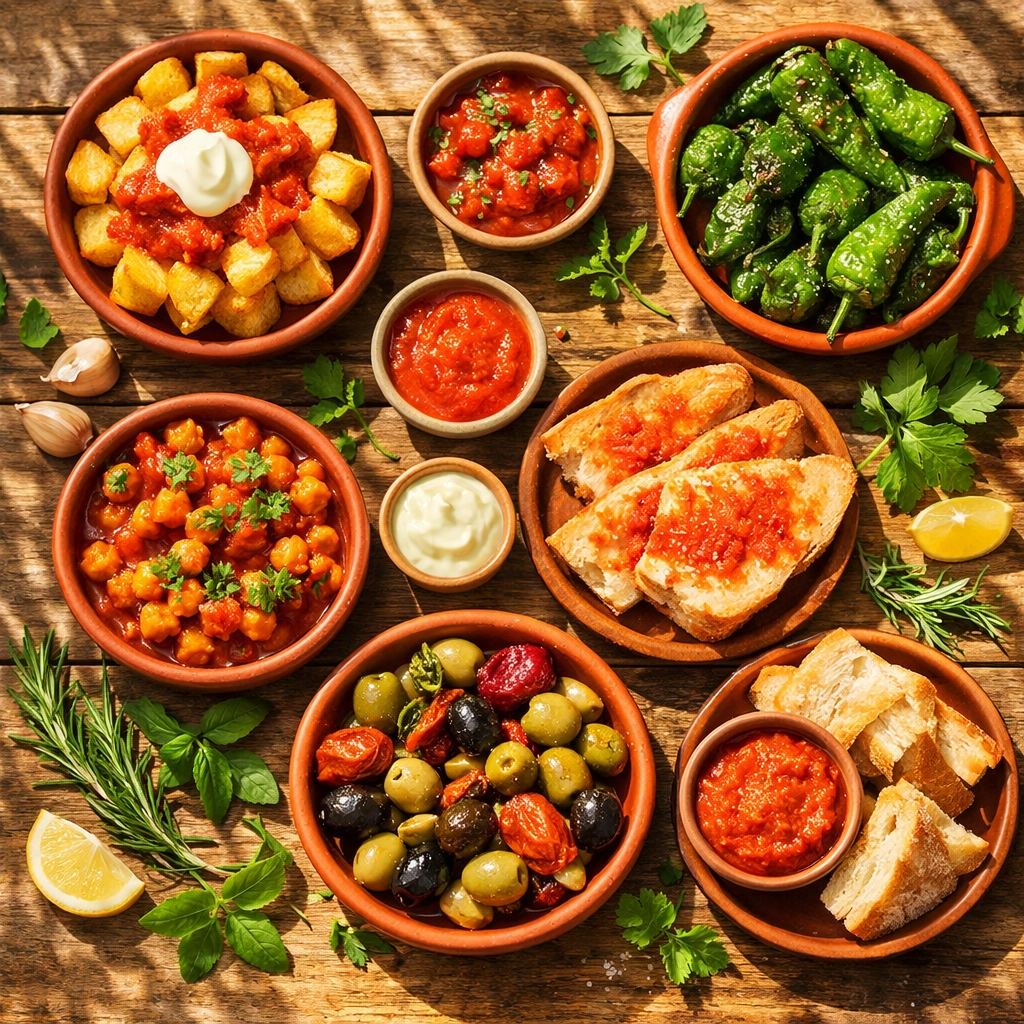 Colorful vegan tapas spread with patatas bravas, peppers, and sauces on rustic table