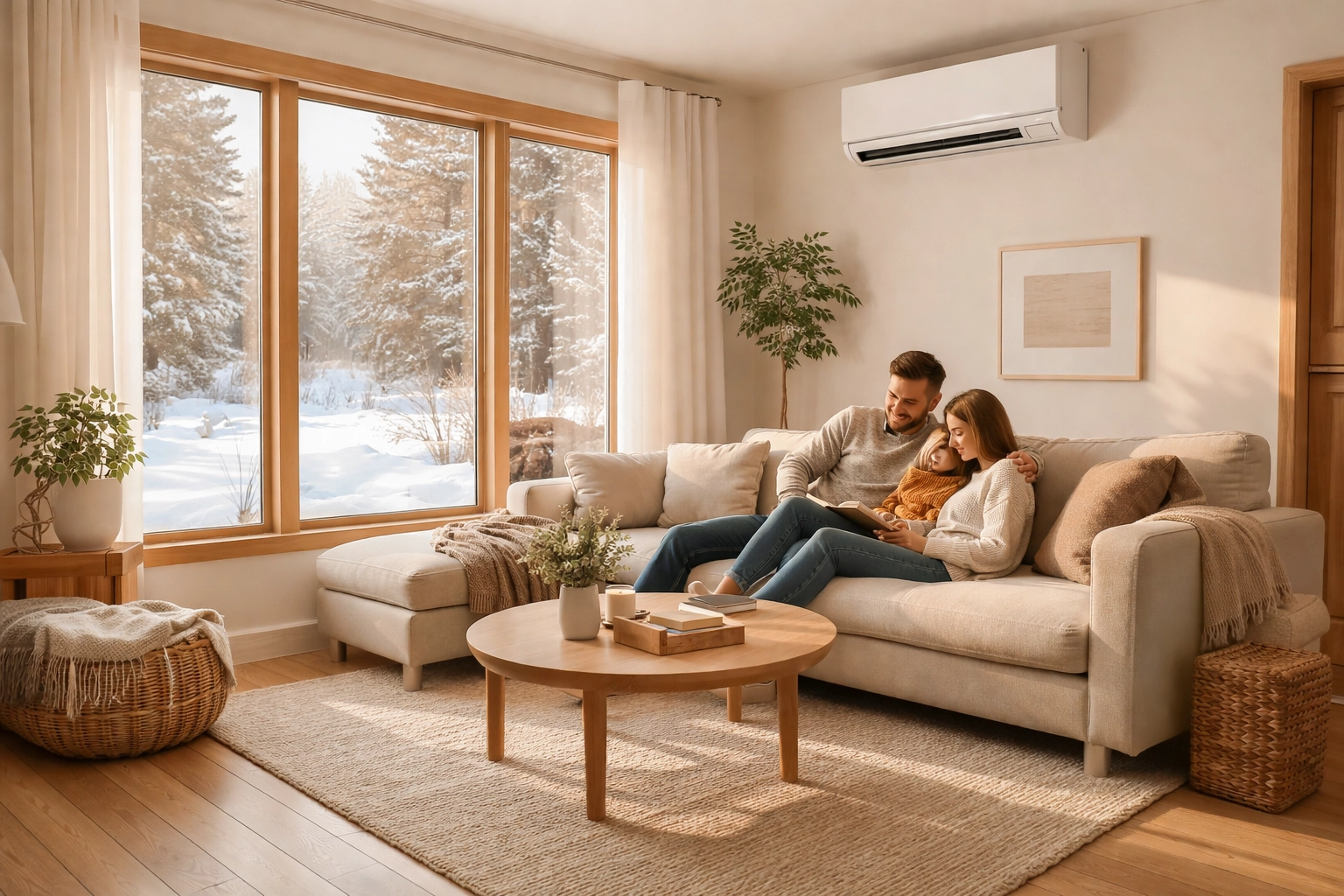 Family enjoying warmth from a wall-mounted mini-split heat pump in a cozy Maine living room