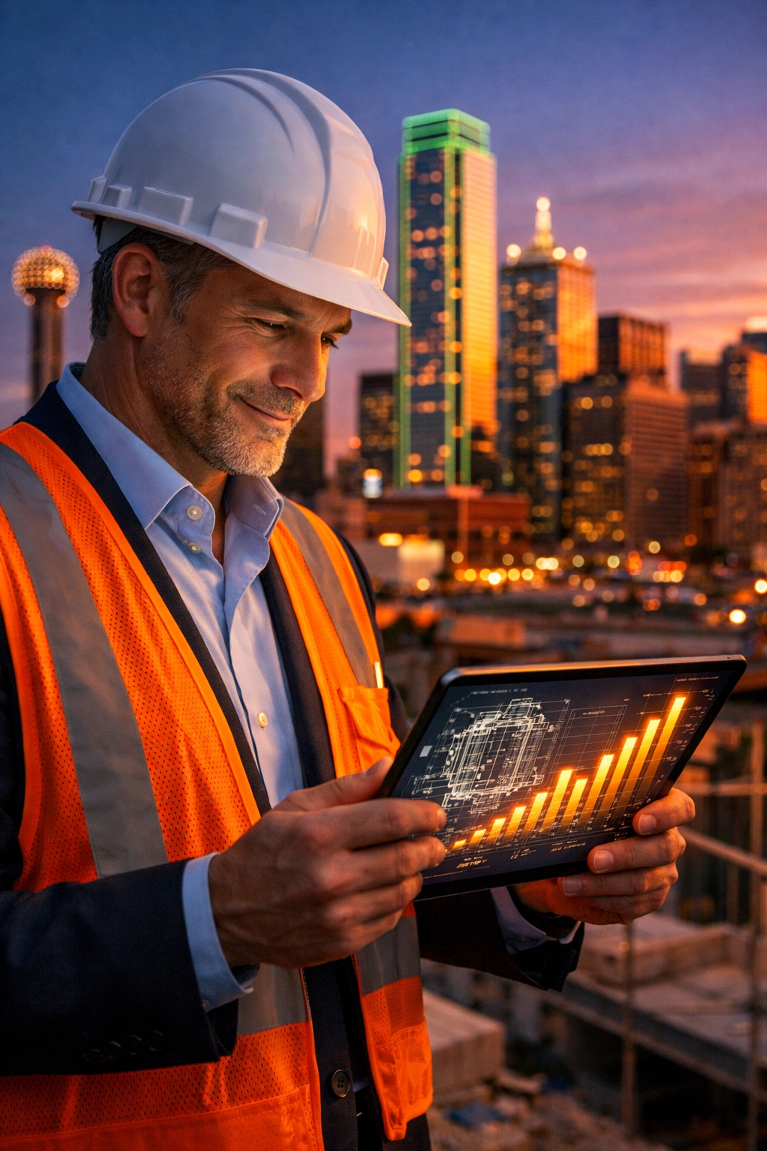 Dallas construction owner reviewing tax planning charts and blueprints on a tablet at a job site.