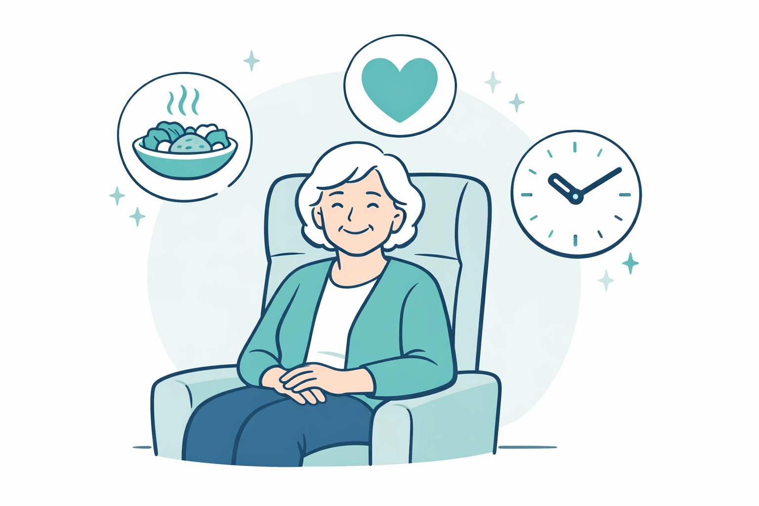 Senior woman assessing home health care needs in San Antonio with icons for meals and heart health.