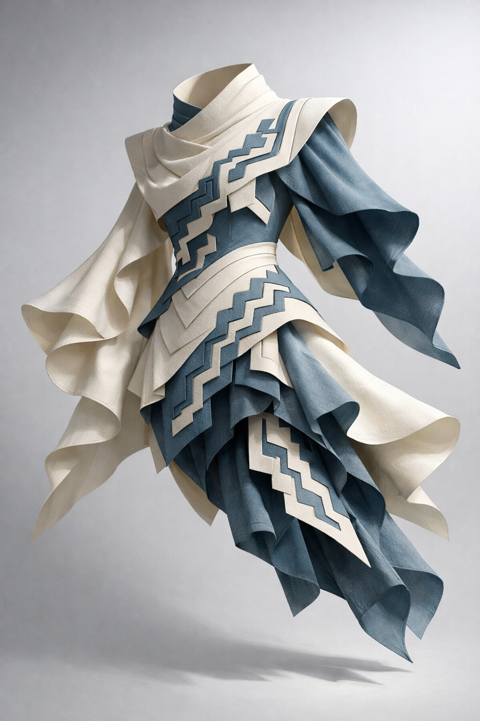 Sculptural haute couture garment featuring pre-Columbian geometric patterns and Latin American design