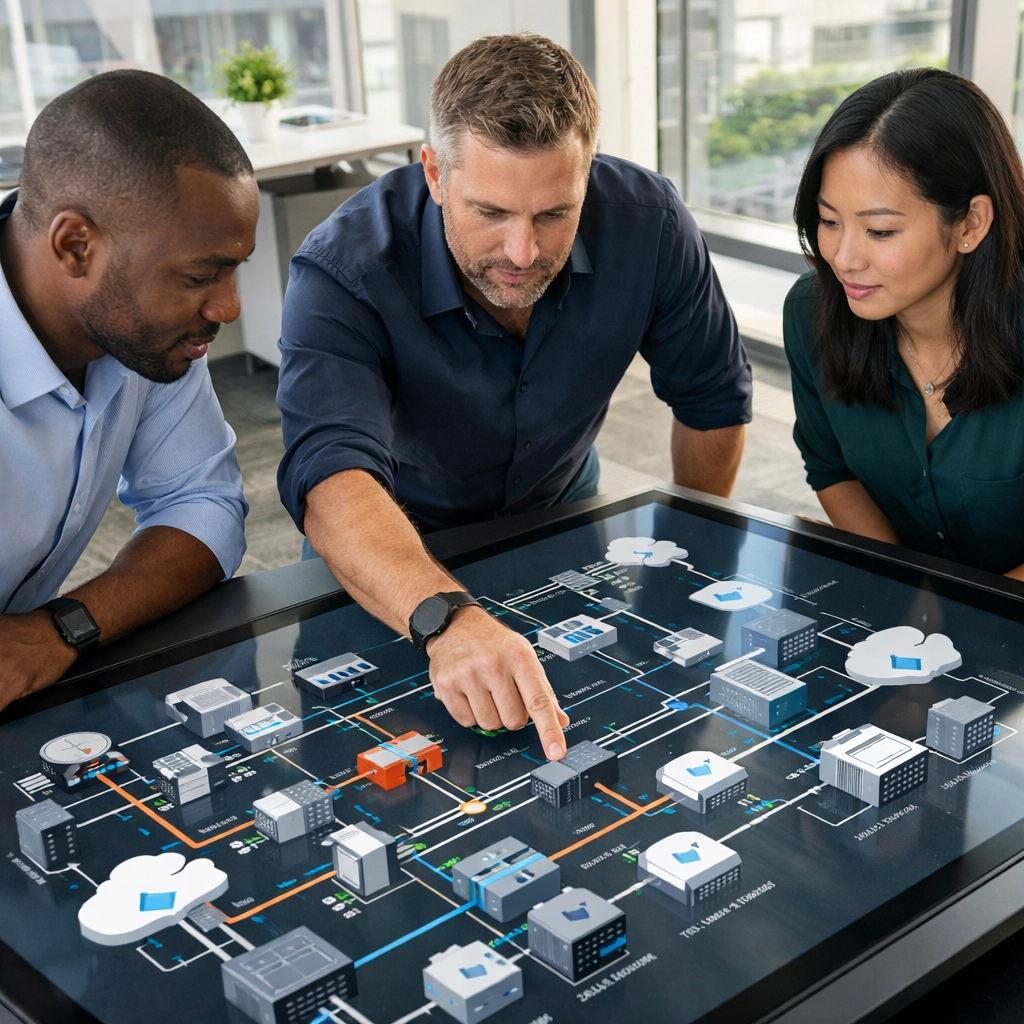 ServiceNow implementation partner team reviewing ITOM network infrastructure and discovery data in a modern office.