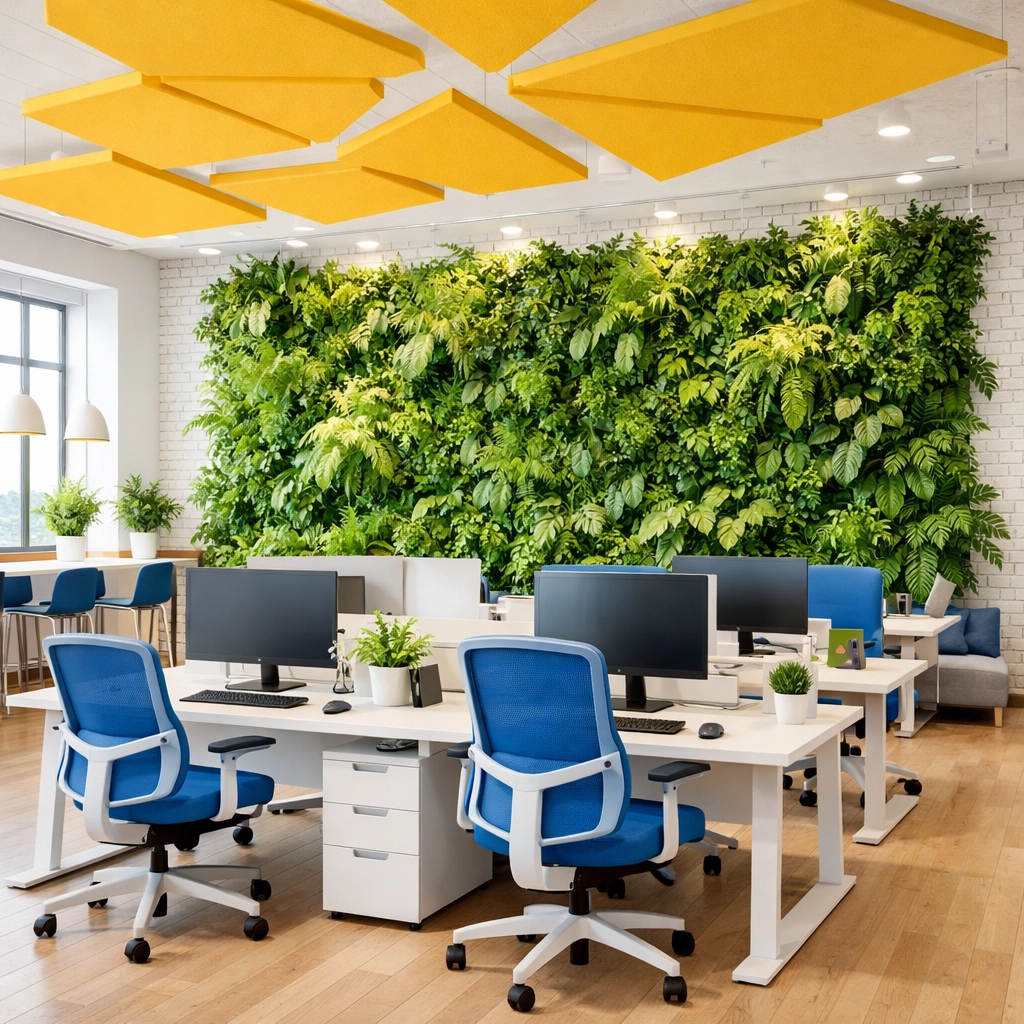 Sustainable Brockton office space with a plant wall, maintained using green-focused janitorial services.