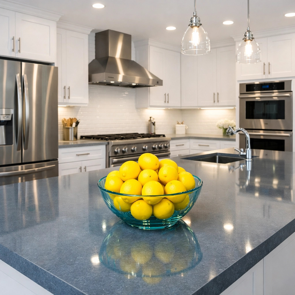 Spotless modern kitchen with white cabinets and a clean island after a Worcester monthly deep house cleaning.