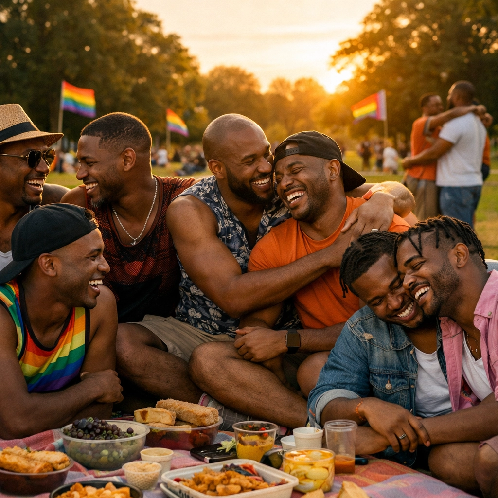 Black LGBTQ+ community gathering celebrating together in London park