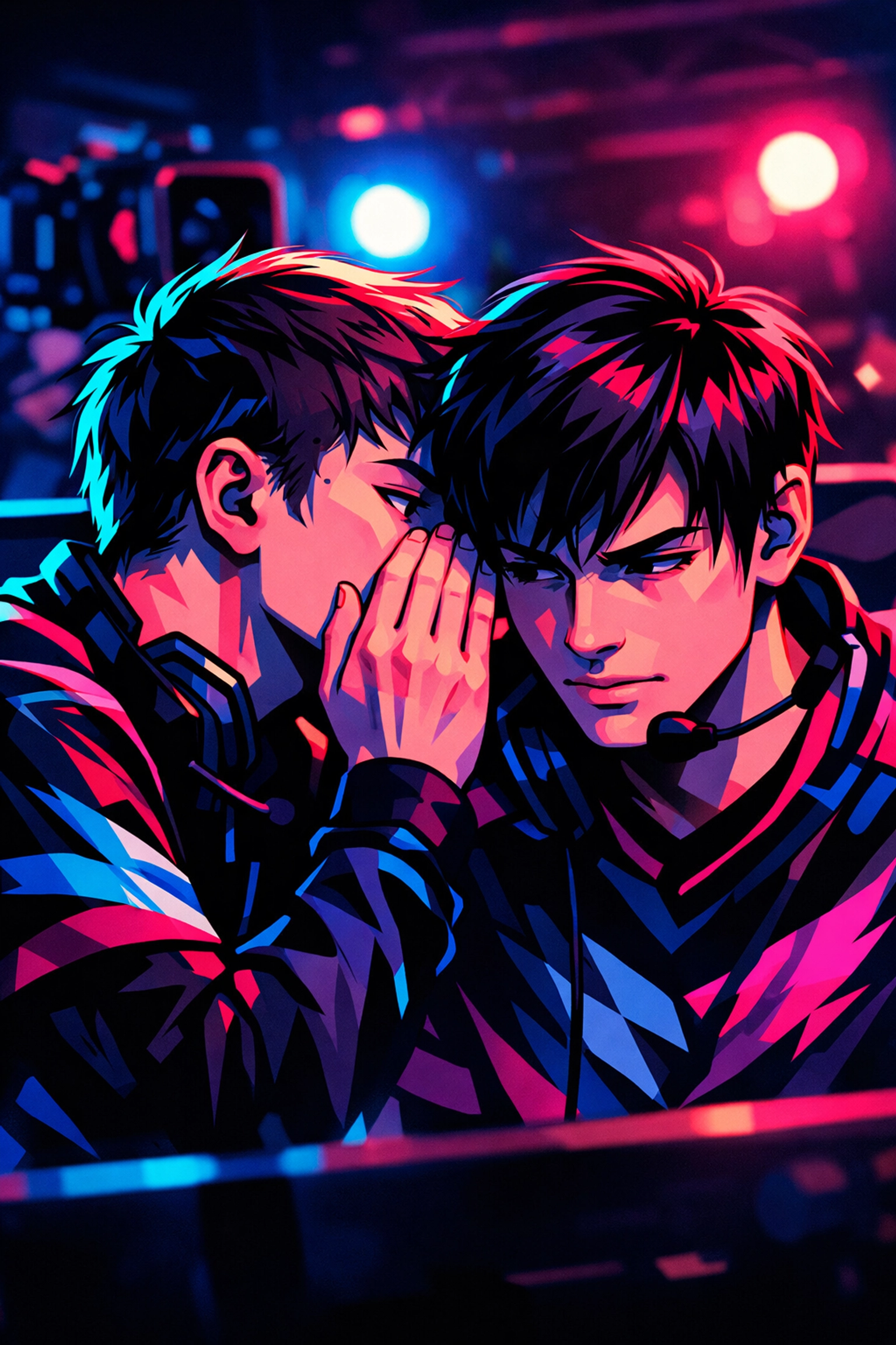 Male esports players whispering during tournament with cameras in background