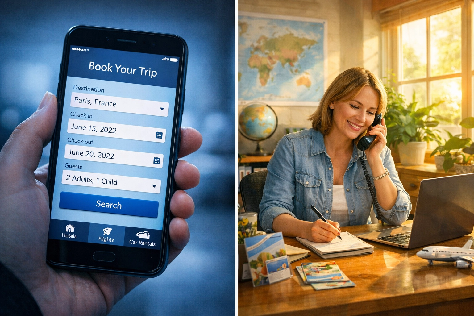 Corporate travel agent assisting client compared to mobile booking app interface