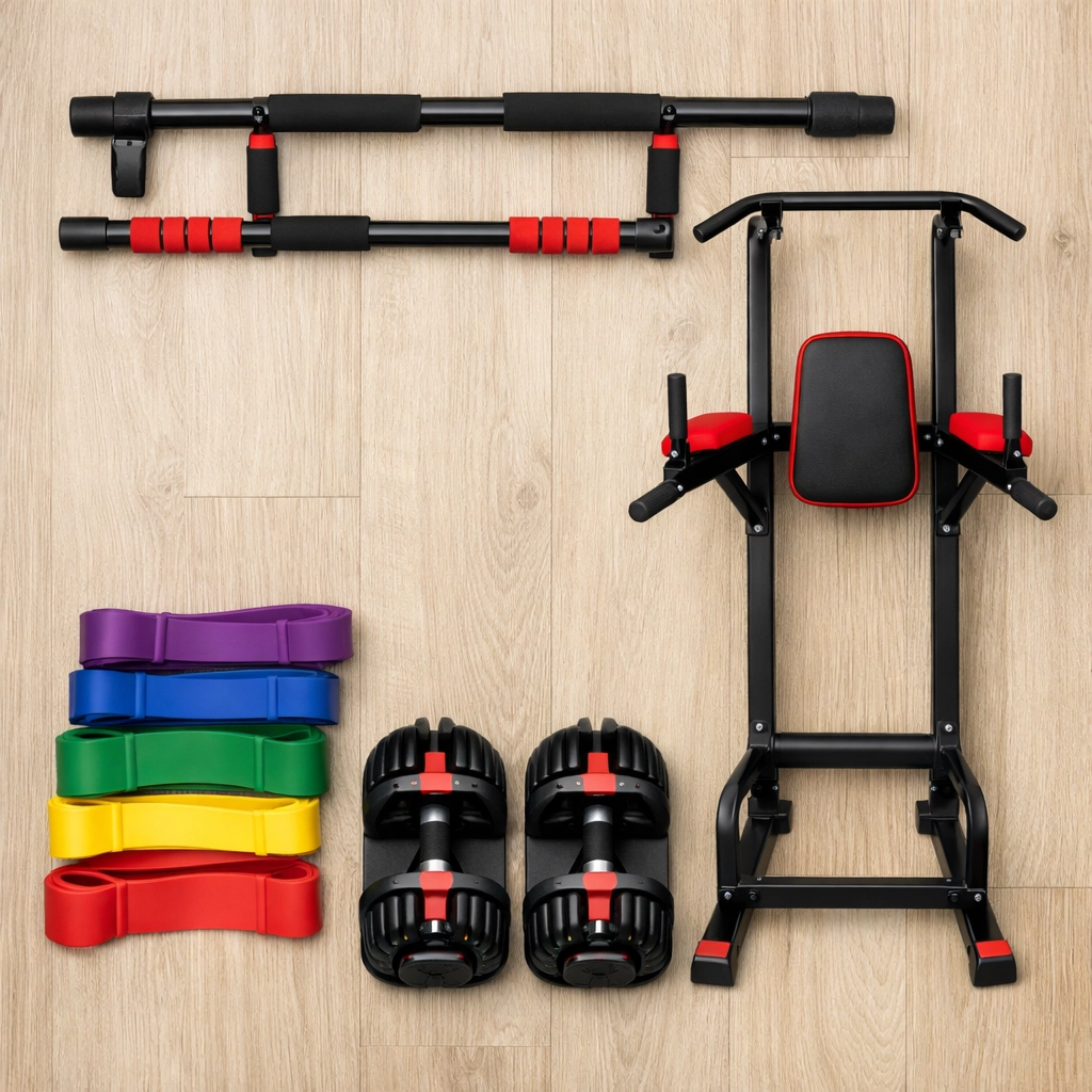 Renter-friendly home gym equipment including pull-up bar and resistance bands
