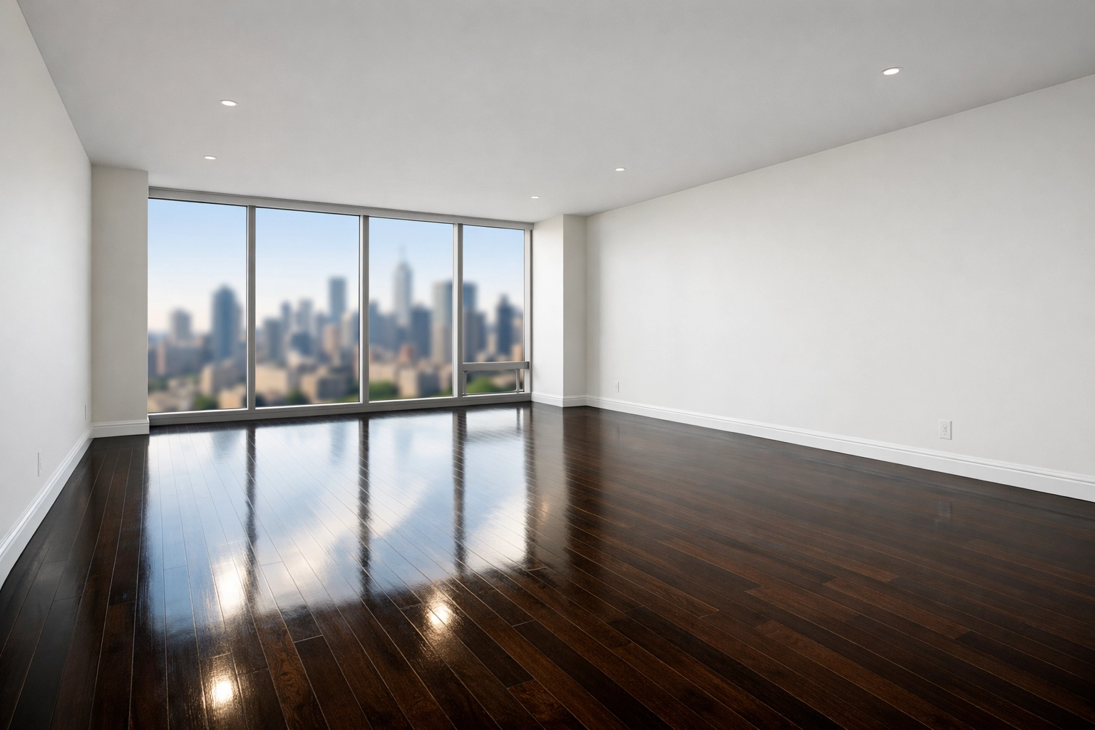 Clean luxury apartment with polished hardwood floors and metropolitan views in a Midwest multi-unit property.