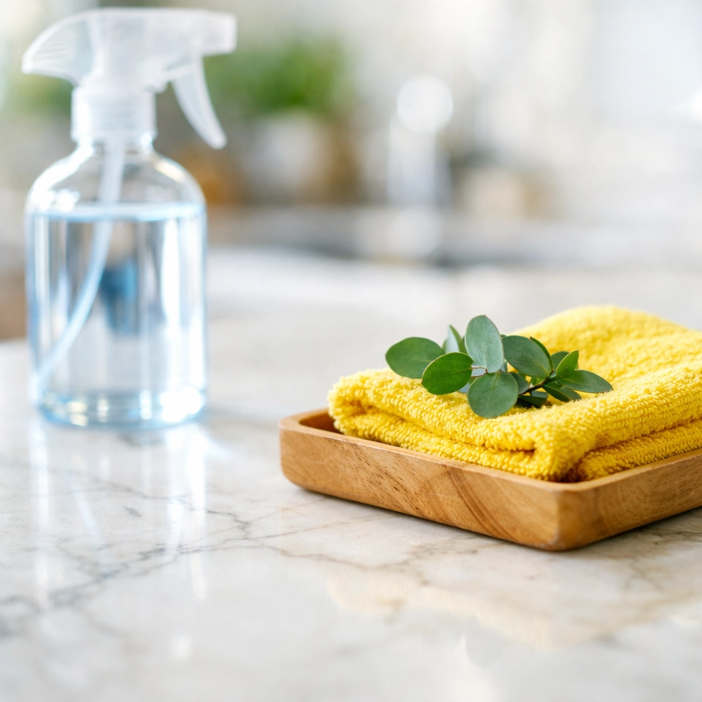 Eco-friendly cleaning products on a polished white marble kitchen counter in a luxury Carlisle home.