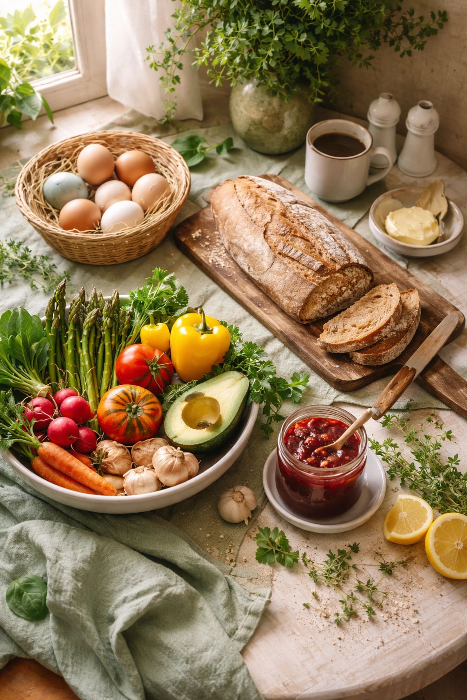 Overhead view of a rustic cafe table with fresh bread, local produce, herbs, and jam, showcasing Felixstowe’s bakery cafe quality.