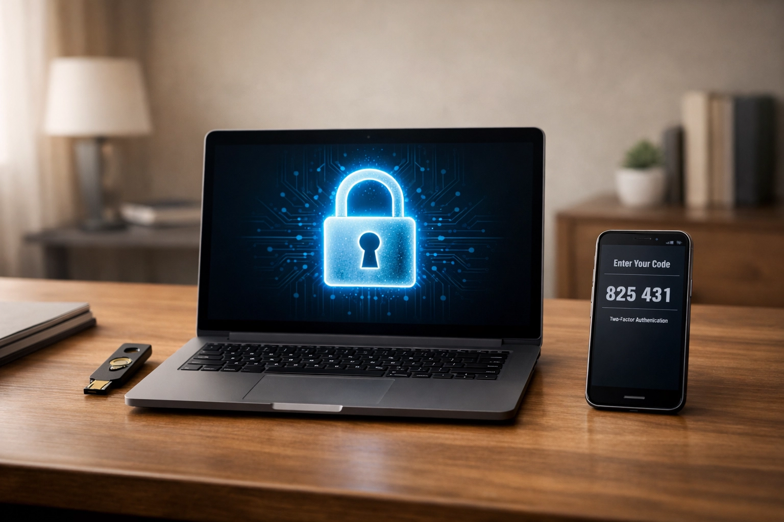 ERO data security setup with laptop lock screen and two-factor authentication device