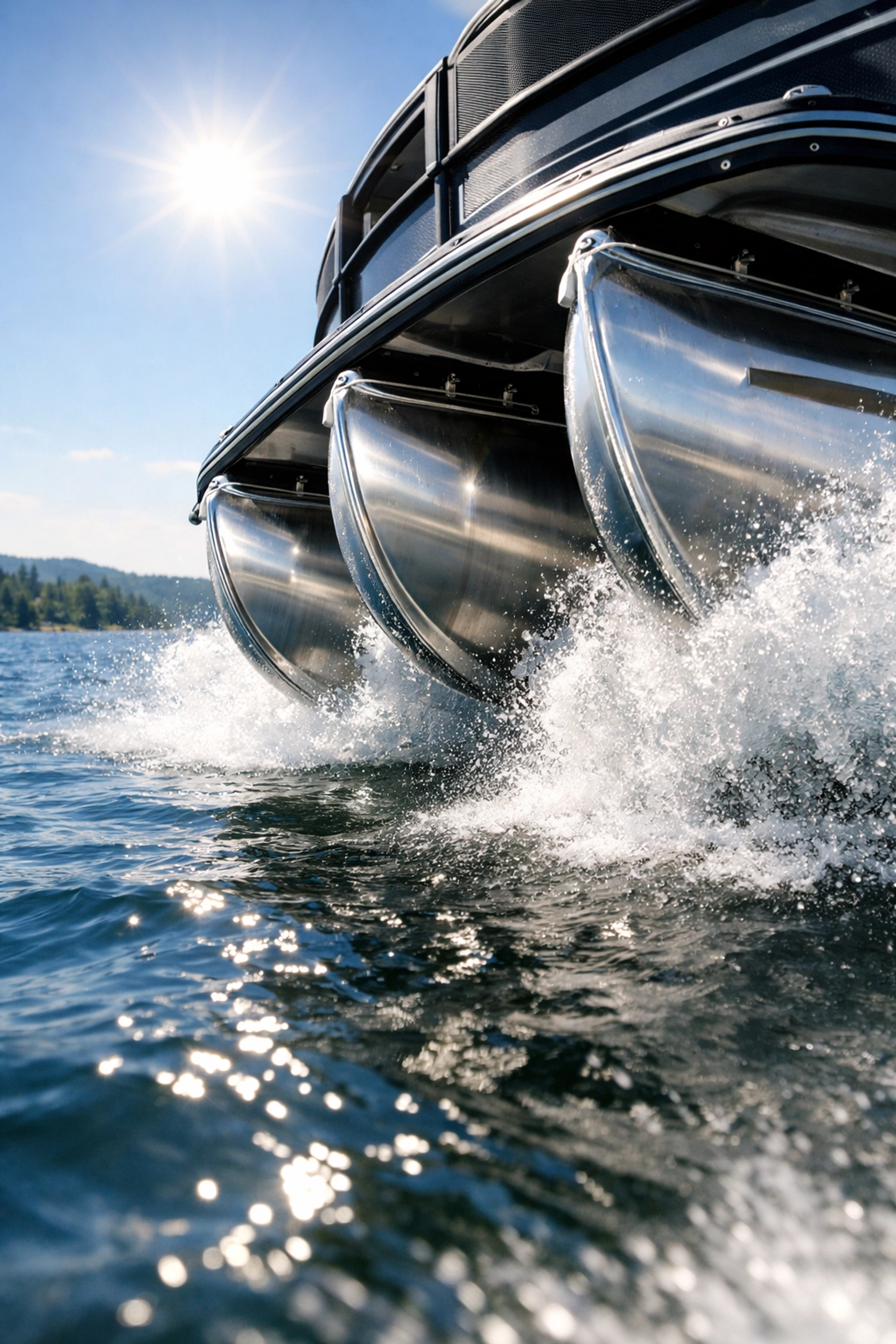 A high-performance triple-tube tritoon boat cruising through blue lake water at high speed.