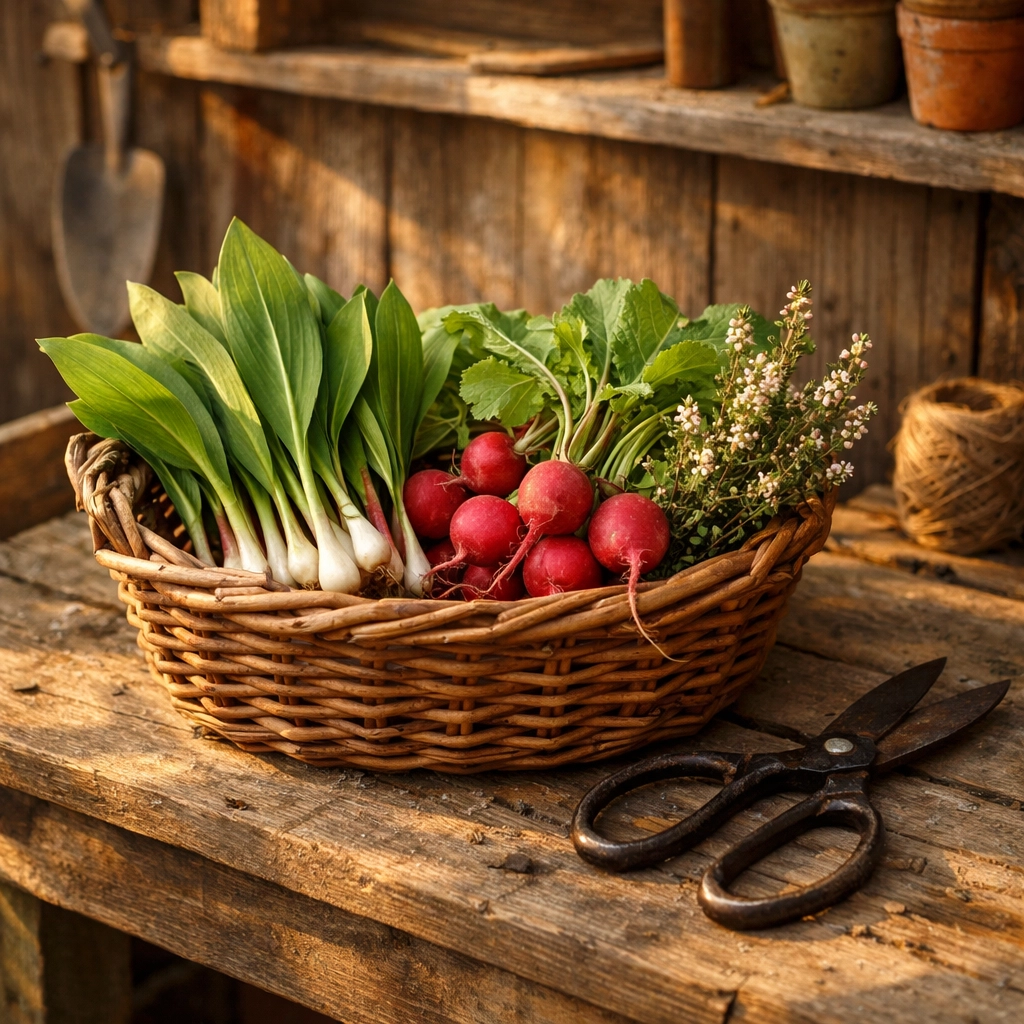Fresh spring ramps and radishes in a basket, highlighting local Pacific Northwest catering ingredients.