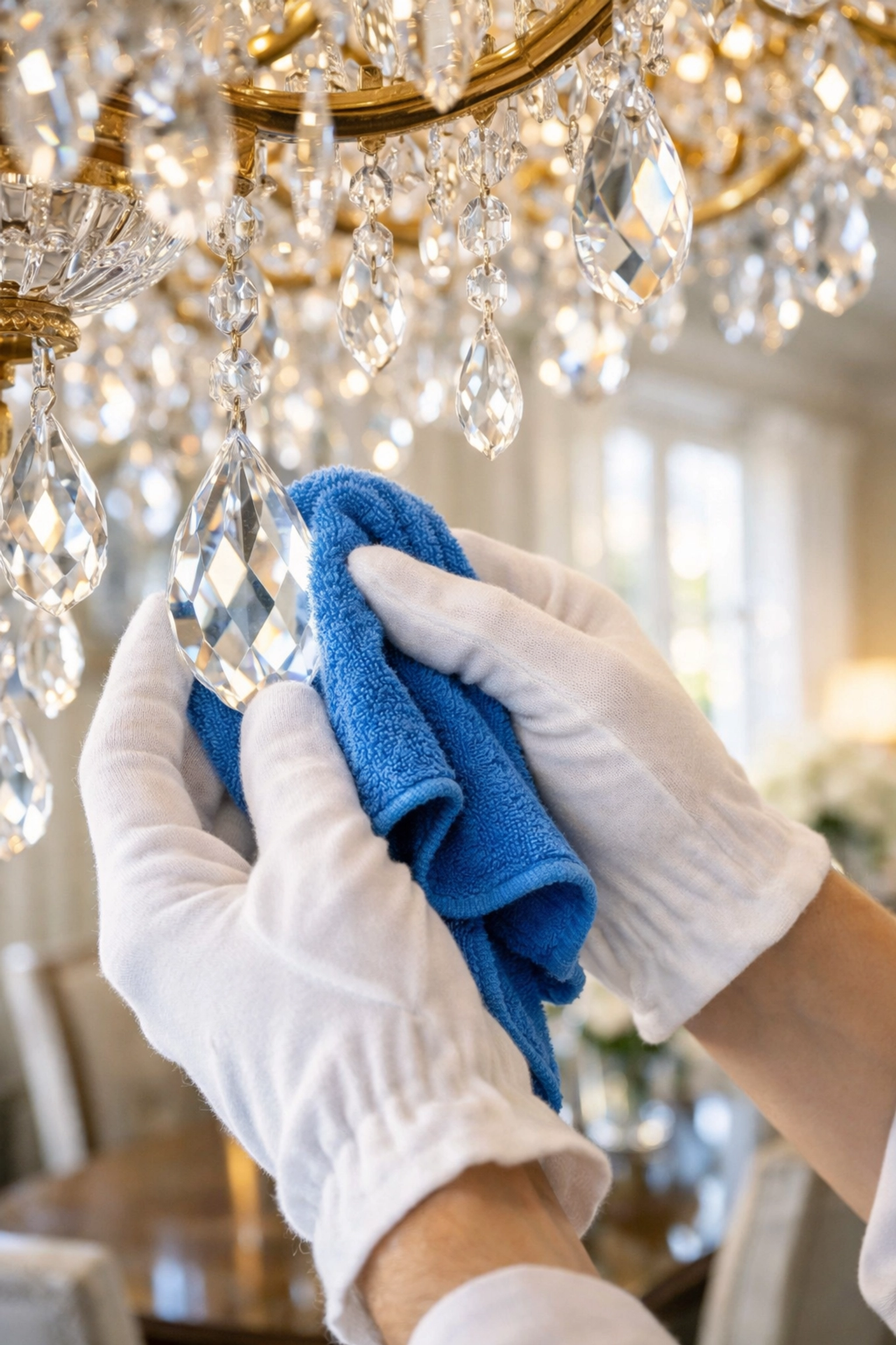 Carefully hand-polishing crystal chandelier prisms with a microfiber cloth and protective gloves.