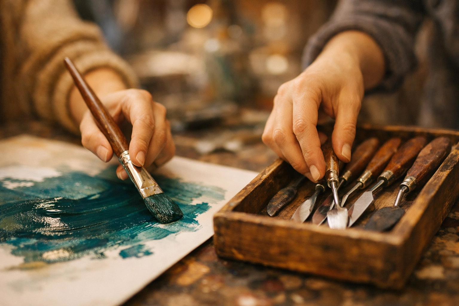 Close-up of team members painting during a corporate wellness workshop to improve communication.