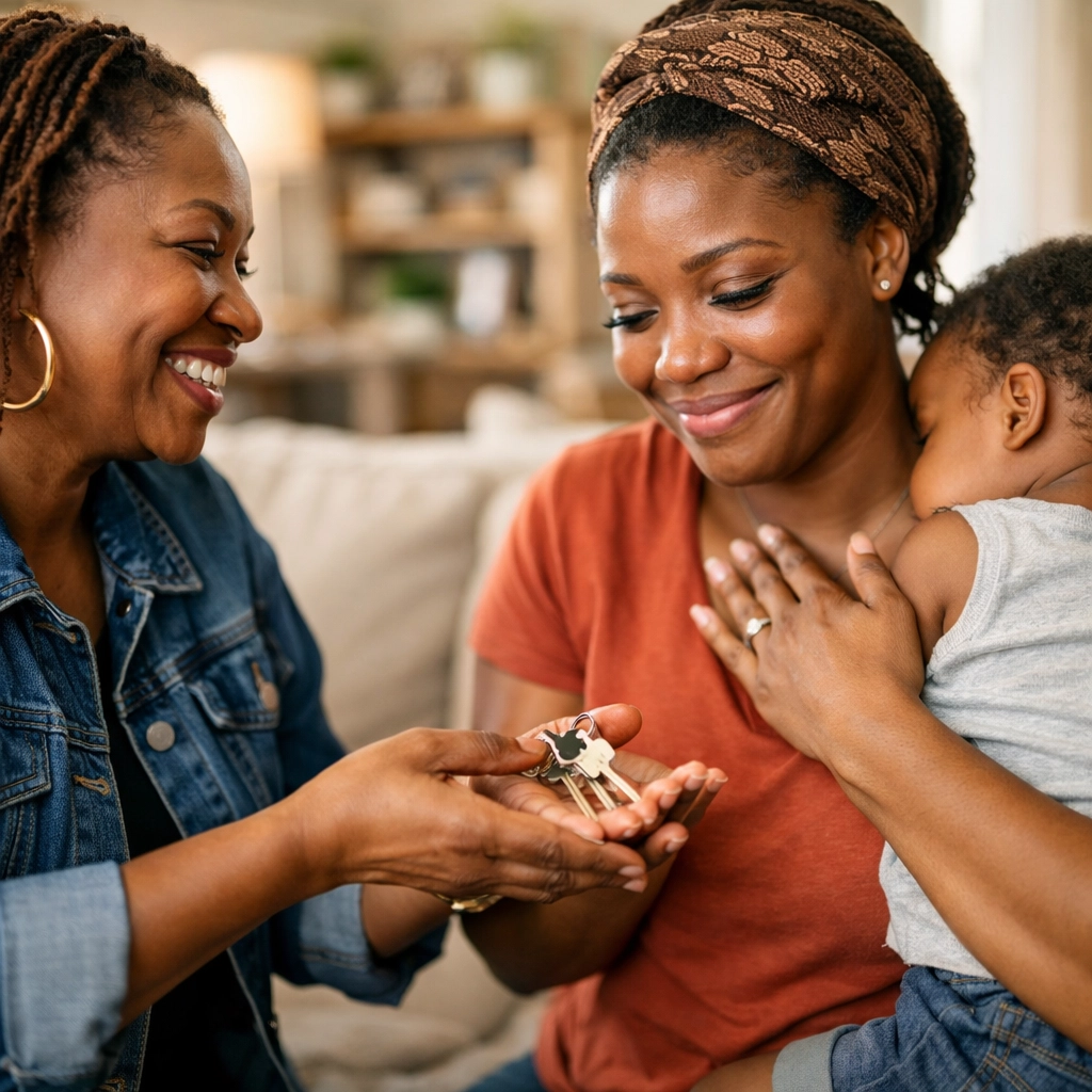 A Black mother receiving keys to a safe, dignified home from a Family ReBuild mentor.