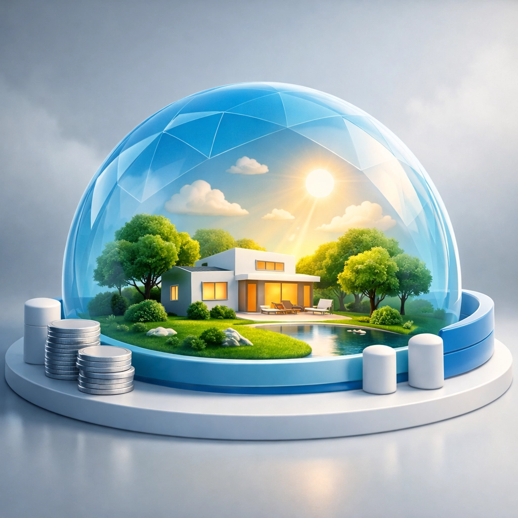 A protective dome over a modern home symbolizing secure lifetime wealth planning and 2026 retirement goals.