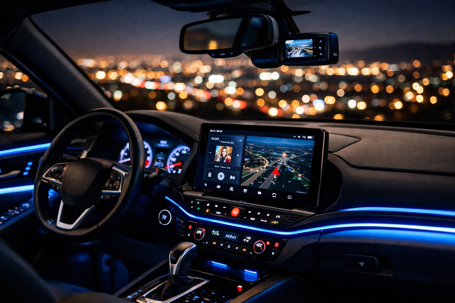 Aftermarket car electronics and glowing dashboard lights requiring expert car electrical repair.