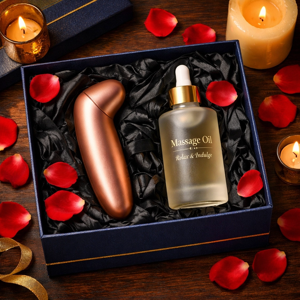 Luxury gift hamper for couples featuring a rose-gold massager and intimate oils for the first night.